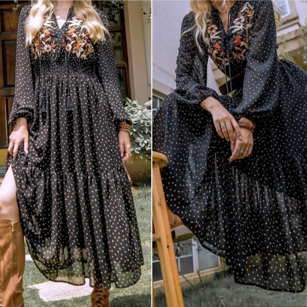 Boho black floral print embroidered polka dot long sleeve dress
